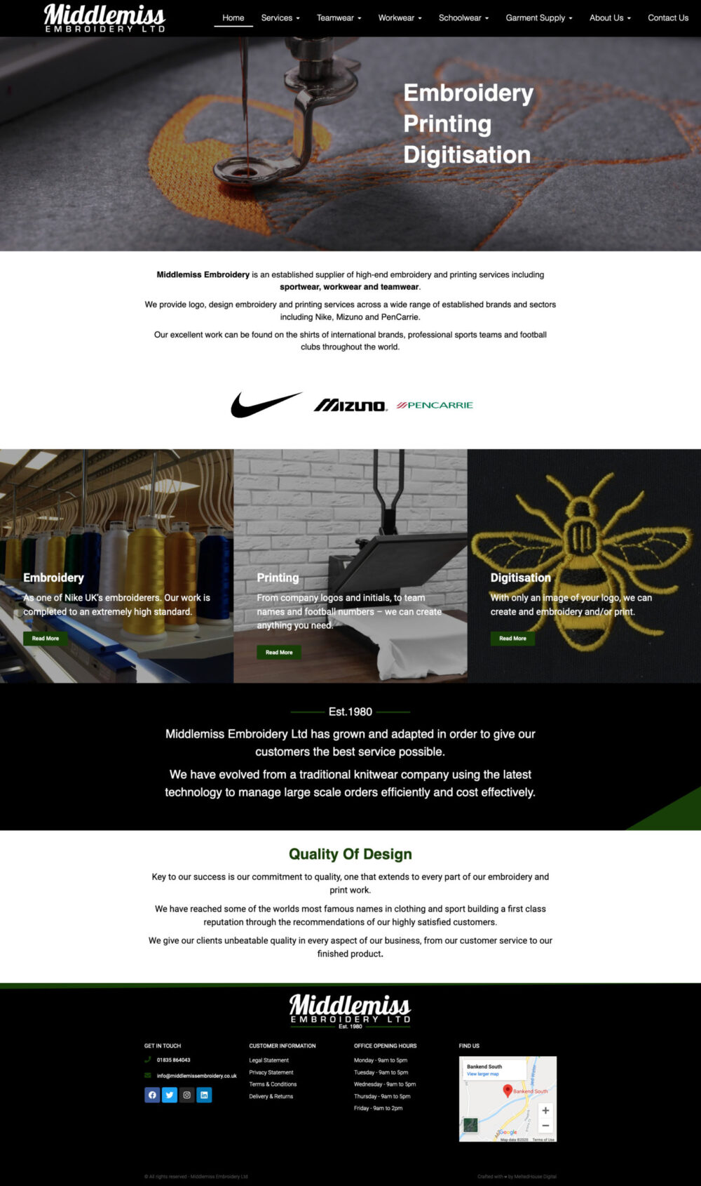 Full-page screenshot of the Middlemiss Embroidery website