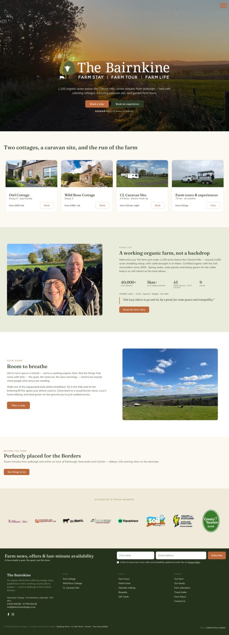 Full-page screenshot of the Bairnkine Cottages homepage