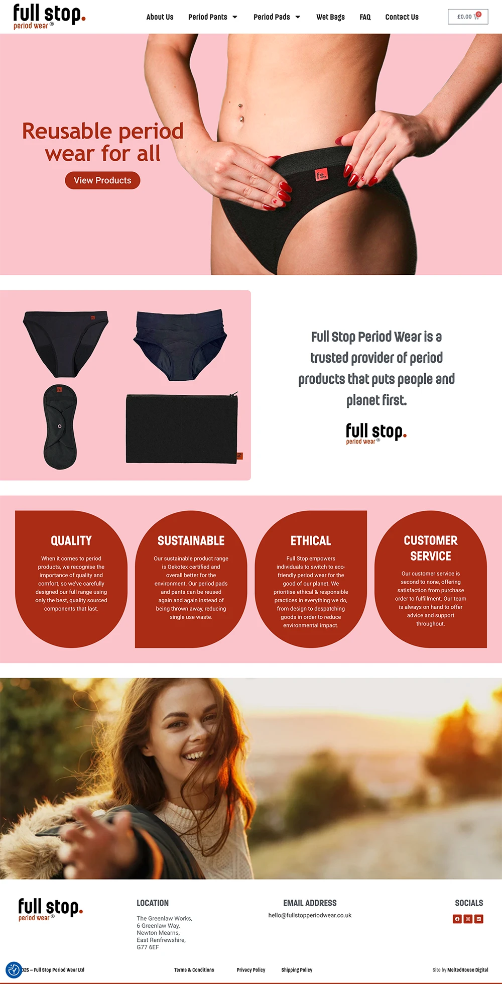 Full-page screenshot of the Full Stop Period Wear homepage