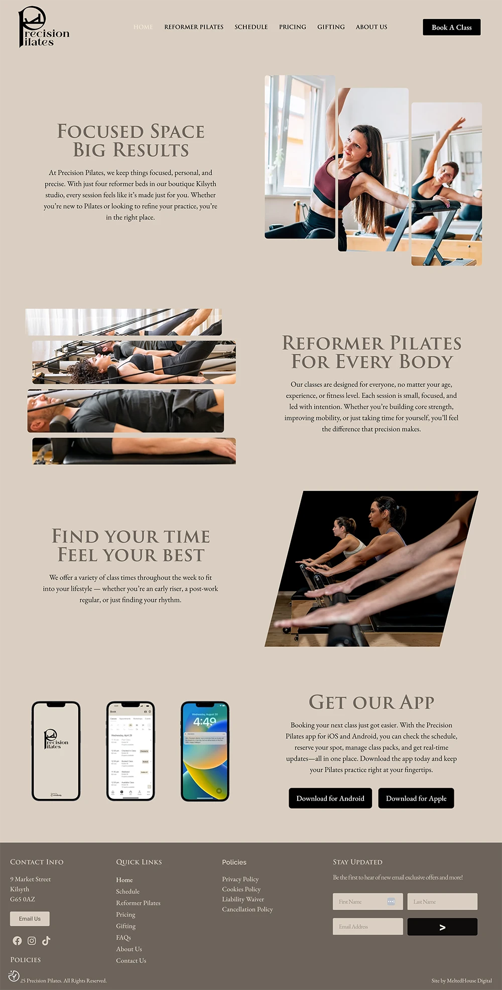 Full-page screenshot of the Precision Pilates homepage